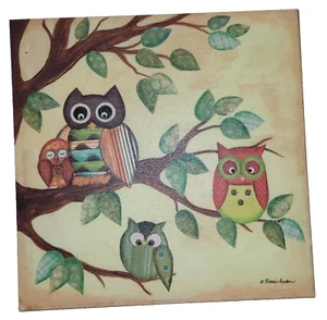 BOHO Owl Wall Art – Canvas Print 1970s Retro Style Signed by Artist - 10”x10” - Picture 1 of 12