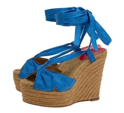 Alpargata Christian Louboutin Azul Seda Envolvente Tacones de Cuña NUEVA 39 EU/8 EE. UU. Foto 1 de 4