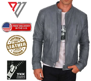 Men's Real Lambskin Soft Gray Leather Classic Slim Fit Motorcycle Biker Jackets - Picture 1 of 3