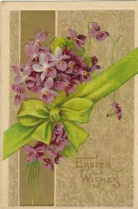 Tarjeta postal de felicitación vintage violetas en relieve cinta verde arco Pascua deseado - Imagen 1 de 2