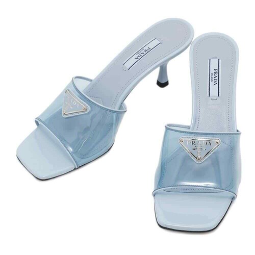 PRADA mules trasparenti punta aperta taglia 36 1 2 pelle PVC rivestito tela blu 1XX644