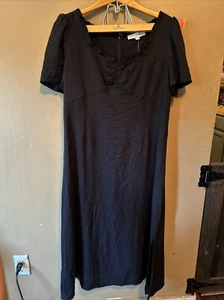 Loft Womens Dress Size 14 Black Midi A-Line Academia Minimalist Slit Boho Flowy - Picture 1 of 3