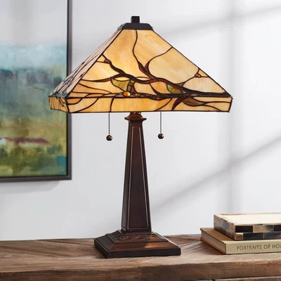 ROBERT LOUIS TIFFANY Budding Branch Mission Tiffany Style Table Lamp 24" High Bronze Metal Bedroom