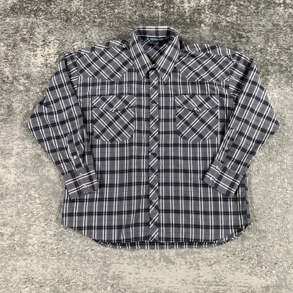 Винтажная мужская рубашка вестерн Renegade XL серая черная клетчатая жемчужная на кнопках с длинным рукавом 90-е - Изображение 1 из 4