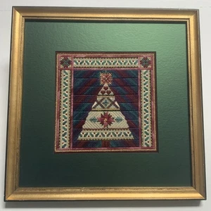 Hand Stitched 8” Christmas Tree Cross Stitch Quilt Square - Matted Framed to 15” - Picture 1 of 19