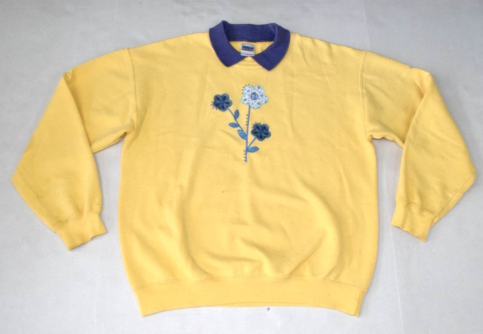 Sudadera Vintage Gildan Talla M Años 90 Amarillo Limón Azul Cuello Flower Power Foto 1 de 4