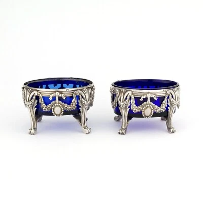 Pair Antique Ornate French Louis XVI Style Solid Sterling Silver Salts. 1838. - Image 1 of 4