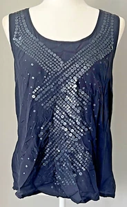 🍒 Halogen 100% Silk Navy Blue Sequin Tank Top Sleeveless Blouse Medium 🍒 - Picture 1 of 7