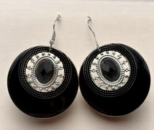 Black Circle Dangle Earrings Silver Tone with Rhinestone Accents Bold Statement - Picture 1 of 6