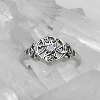 Sterling Silver Wicca Heart Pentacle Ring - Rainbow Moonstone Pentagram Jewelry - Image 1 of 4