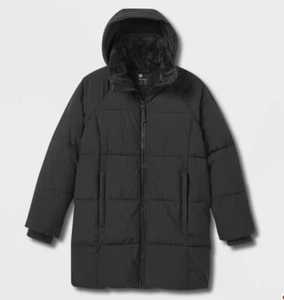 All In Motion Girls Mid-Length Puffer Jacket Winter Coat Hood, Black XS or Small - Picture 1 of 5