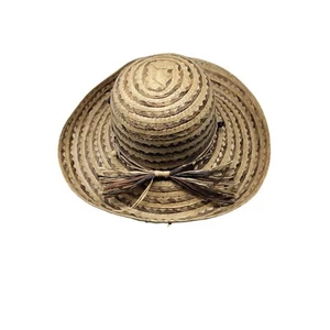 Scala Collection Womens Woven Straw Sun Hat Chevron Beaded Wide Brim Tan Brown - Picture 1 of 10