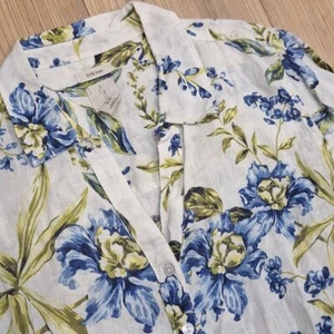Camisa Joie Azul Verde Botón Estampado Floral 100% Lino Mangas 3/4 Talla 1X O 16-18 - Imagen 1 de 8