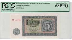 GERMANY - DEMOCRATIC REP. 5 DEUTSCHE MARK 1955 PICK# 17 PCGS: 68 PPQ UNC. #1057 - Picture 1 of 2