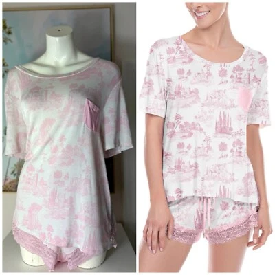 Conjunto de Camisa y Pantalones Cortos Honeydew Blanco Rosa Toile Encaje Talla XL Algo Dulce Foto 1 de 4