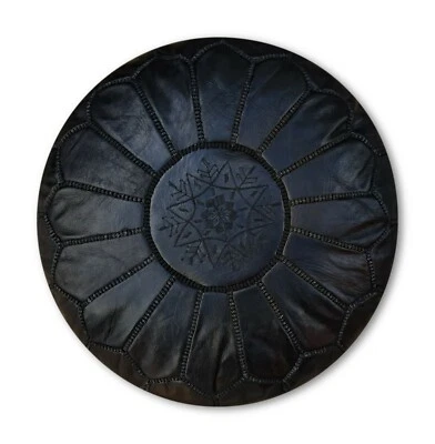 Moroccan Leather Pouf Full Black - Delivered Stuffed, Ottoman, Footstool - Image 1 of 4