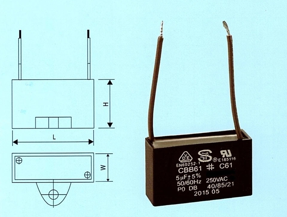 CBB61 / C61 Fan Motor Capacitor 5uf 250VAC 2 Wire - Image 1 of 1