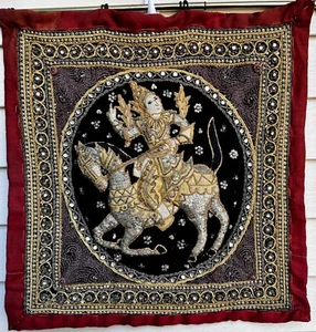 Vintage Thai Burmese Kalaga Tapestry Embroidered Warrior Sequins Wall Hanging - Picture 1 of 7