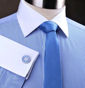 Mini Blue Stripes Winchester Formal Business Striped Dress Shirt French Cuff - Picture 1 of 6