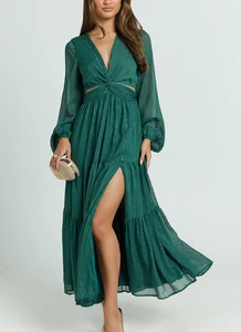 NUEVO Vestido Showpo Edelyn Verde Esmeralda Manga Larga Midi Recortado Talla US 10 - Imagen 1 de 10