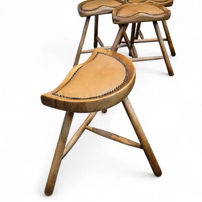 Set of 4 Vintage Danish Shoemaker Oak Stools with Leather Upholstered Seats - Image 1 of 4