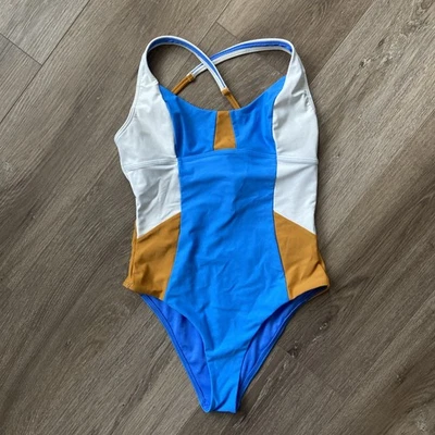 prAna One-Piece Swimsuit Wome Sz S Blue White Tan Tulum Sweet Agave Color Block - Image 1 of 4