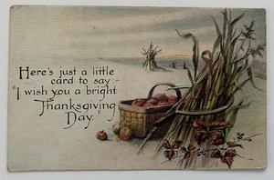 Erntedankfest Postkarte Korb mit Äpfeln Maisstängel Herbst Bauernhof Szene - Bild 1 von 2