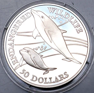 COOK ISLANDS: 50 Dollars 1991: DELPHINE - ENDANGERED WILDLIFE 925 SILBER PP Be17 - Bild 1 von 2