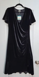 Anne Klein Kleid Damen 16 schwarz Samt Midi Dahlie gerafft Flatter Party Neu mit Etikett - Bild 1 von 10