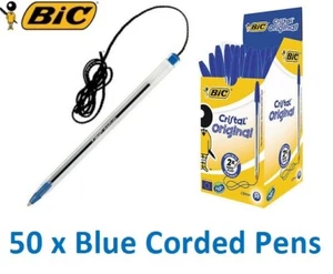 BIC Cristal Ballpoint Pen Medium 1.0mm BLUE 61cm Cord String x 50 Corded Pens - Picture 1 of 2