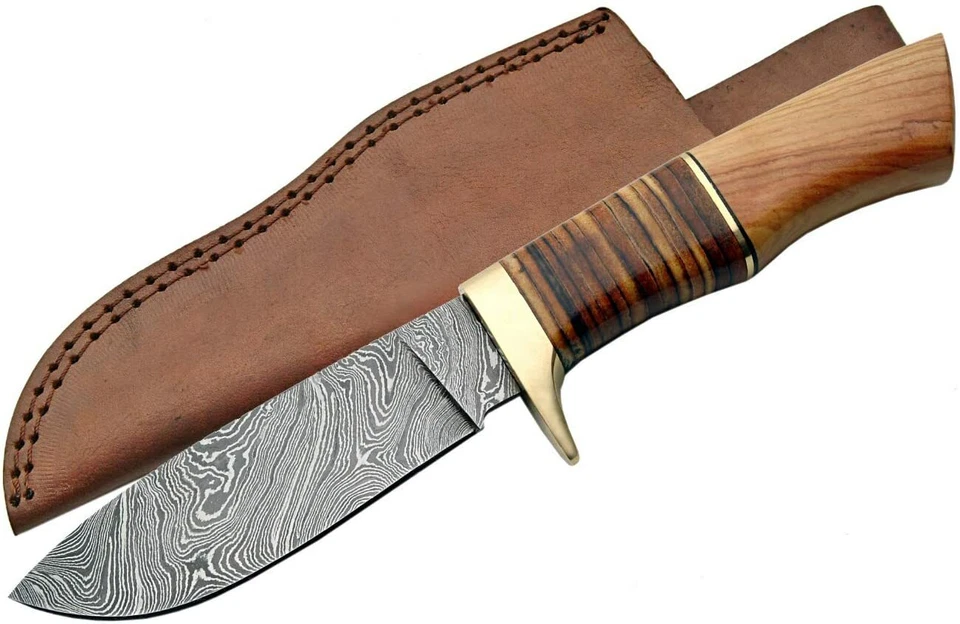 Damascus Fixed Blade Knife Hunter Wood/leather Handle DM1100