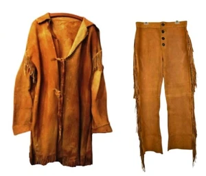 Cappotto e pantaloni uomo western cowboy marrone pelle scamosciata uomo montagna frange WCP201 - Foto 1 di 6