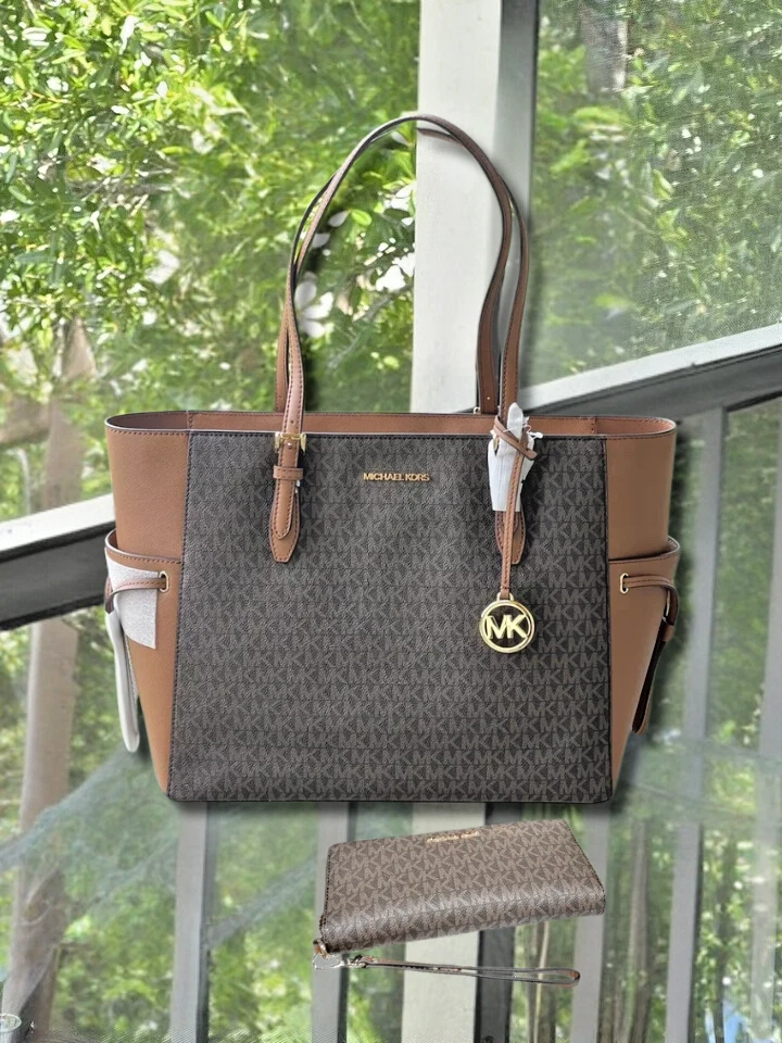 Michael Kors Gilly Large Drawstring Zip Tote Shoulder Bag Laptop Signature Brown