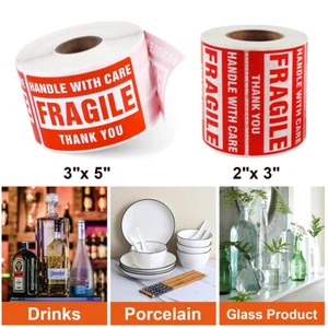 2x3 3x5 Fragile Stickers 500/Roll "HANDLE WITH CARE THANK YOU" Warning Labels US - Picture 1 of 10