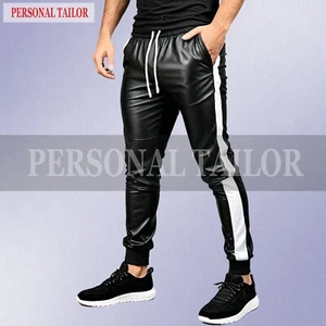 Men's Lambskin Black Leather Jogging Trouser Sweat Pants Wide Stripes Trousers - Picture 1 of 3