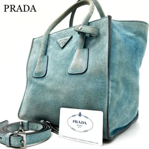 PRADA Shoulder Bag Handbag 2way Suede Blue Jeans Commuter Triangle Logo - Picture 1 of 10