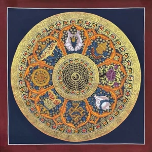 Fine Quality Astamangala Mandala Thangka, Thangka on Cotton Canvas From Nepal - Picture 1 of 9