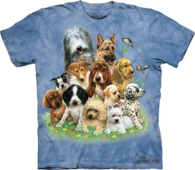 The Mountain Puppies in Grass Cute Dogs Blue Pets Cotton Animal T-Shirt S-3X - Image 1 of 4