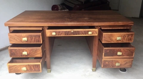 Vintage Solid Walnut Desk ~ MCM Art Deco~ Brass Handles ~ Standard Furniture Co Cover