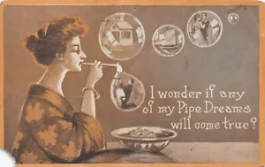 Postcard: Pretty Lady Smoking, Pipe Dreams of Future Home, Romance, Posted 1909 - Picture 1 of 2