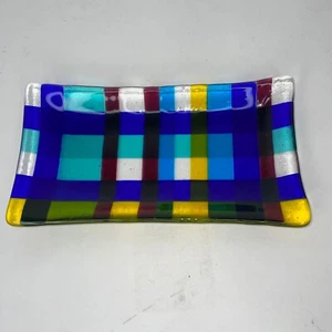 Fused Art Glass Trinket Tray Blue Yellow Check Design 7.5 X 4 Inches - Picture 1 of 8