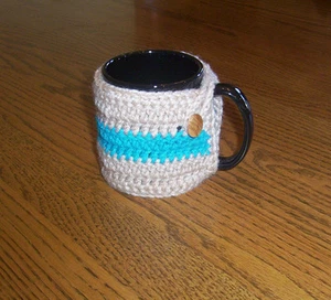 Hand Crochet Tan and Turquoise Coffee Mug Cozy - Picture 1 of 3