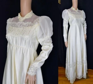 VTG 60s Alfred Angelo Ivory Taffeta Empir Lace Prairie Renaissance Wedding Dress - Picture 1 of 15