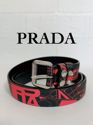Cinturón de cuero Prada negro rojo 2 cm auténtico usado a cuadros Foto 1 de 4