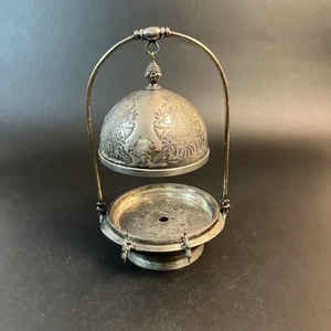 Antique Butter Dish Hanging Dome Lid Meriden International Quadruple Ornate - Picture 1 of 14
