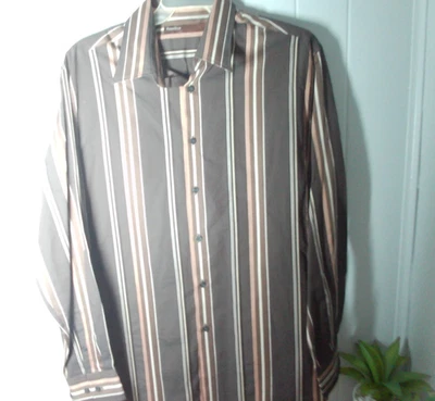 Camisa social masculina Perry Ellis tamanho G marrom listrada manga longa resistente a rugas - Imagem 1 de 4