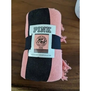 Victorias Secret Pink Beach or Throw Blanket 60" X 50" Striped Cotton With Fring - Picture 1 of 5