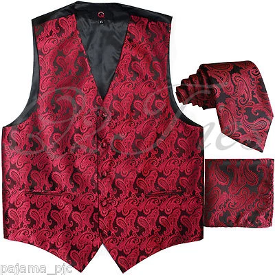 BLACK RED XS to 6XL Paisley Tuxedo Suit Dress Vest Waistcoat & Neck tie & Hankie - Image 1 of 3