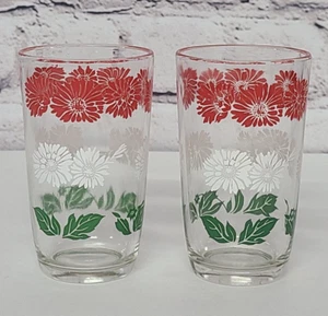 Vintage Kraft Swanky Swigs Saftglas 2er Set Blumenmuster rot weiß grün 3,75" SCHÖN! - Bild 1 von 3