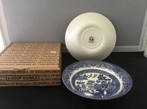 CHURCHILL OF ENGLAND Set Of 2 Soup Bowls Blue Willow Original Box NIB BW08 - Picture 1 of 4